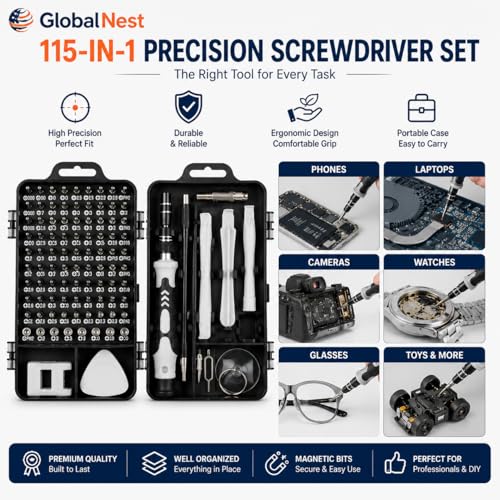Image of 115-in-1 Precision Magnetic Screwdriver Set with Multi-Bit Kit & Storage Case - Professional Repair Tool Kit for Mobile, Laptop, PC, Watch, Eyeglasses, Gaming Console & Electronics