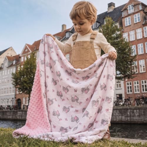 Image of GLLQUEN BABY Muslin Baby Blankets for Boys & Girls, 2-Layer Toddler Blanket | Cotton Top with Dotted Fleece Back, Soft Receiving Blanket for Nursery Stroller Crib, 30''x40'', Pink Elephant