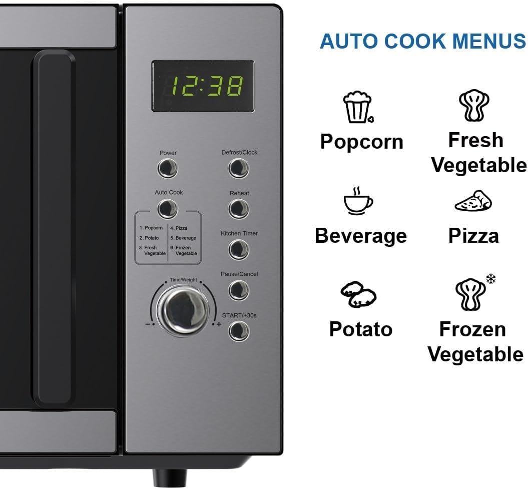 Emerson MW9005SS-A Compact Countertop Microwave Oven with Push Button Control, LED Display, 900W, 5 Power Levels, 6 Auto Menus, Glass Turntable and Child Safe Lock, 0.9 Cu. Ft., Stainless Steel