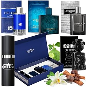 Scentown Mens Cologne Gift Sets Mini Bottle – Designer Mens Cologne Sampler Sets with Empty Refillable Atomizer – Box Includes Versace, Moschino, Mont Blanc, Jimmy Choo Travel Size (0.17 Oz Each)