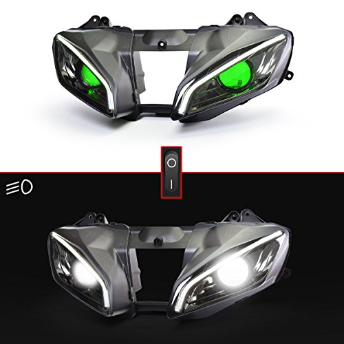 Kt Led Headlight Assembly, Headlight For Yzf R6 2008-2016, Custom Modified Motorcycle Accessories, Front Head Light With High Low Beam, Drl, Optical Fiber And Amber Turn Signal Lights (Green) #TOP2