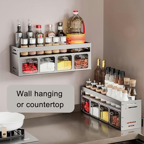 Gewürzregal, Gewürz-Organizer mit 3 Gewürzbox, Gewürzträger an der Wand/Arbeitsplatte, Starkes Gewürzregal, Gewürzspeicher für Innenschrank, Gewürz-Organizer für Küchenkräutergläser