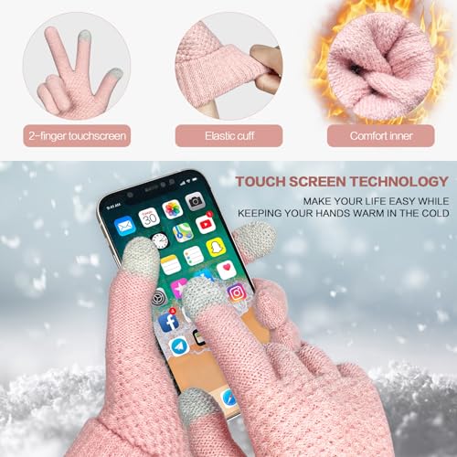 Winter Knit Beanie Hat Scarf Gloves Set for Women, Fleece Lined Hat Long Scarf Neck Touchscreen Gloves Warmer Set4