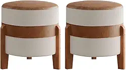 KIT-2 Puff Órion em Couro caramelo e Linho Premium Bege com Pés De Madeira Maciça