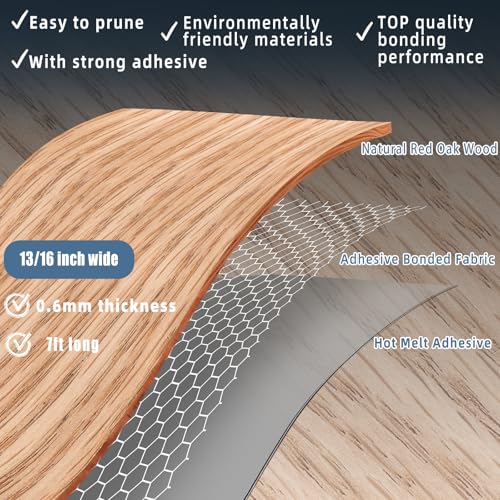 Image of Red Oak Edge Banding, 13 /16 inch x 7ft Plywood Veneer Wood Edge Banding, Preglued Wood Tape Banding for Cabinet Repair