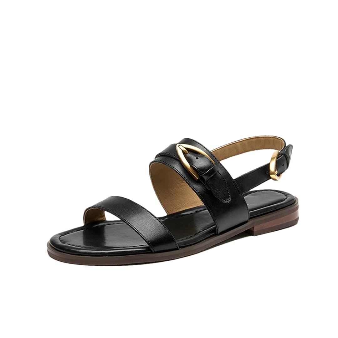 Sandalias de gladiador con hebilla y correa trasera para mujer, tacón redondo, lateral abierto, estilo gladiador, con hebilla de metal y correa trasera, sandalias de verano retro, Black, 38.5 EU