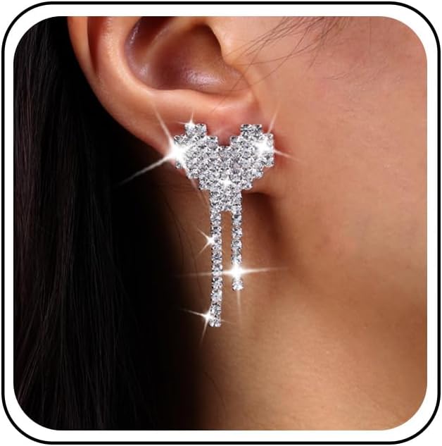 Rhinestone Heart Tassel Earrings Silver Crystal Long Tasse Earrings Full Pave Rhinestone Heart Earrings CZ Fringe Drop Earrings Wedding Party Jewelry for Women