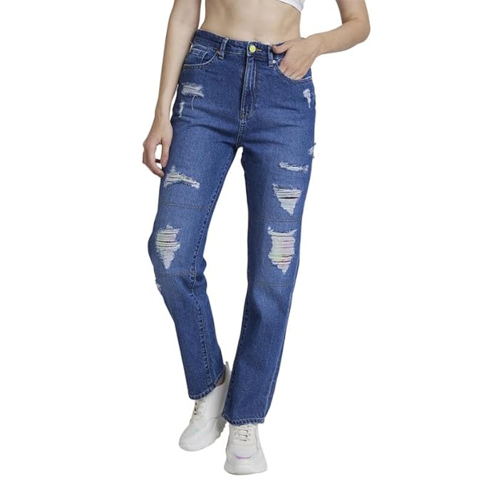 Spykar Women Mid Blue Cotton Straight Fit Regular Length Highly Distressed Jeans -(Bella)