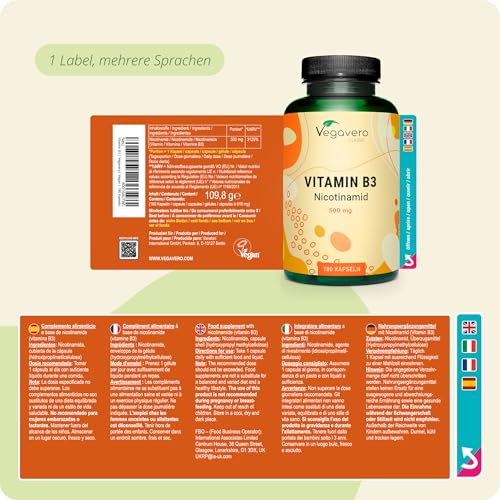Vitamin B3 Niacin | Hochdosiert: 500 mg Nicotinamid | 180 Kapseln - 6 Monatsvorrat | Haut - Nerven - Energie* | Flushfree | Laborgeprüft | Vegan - Ohne Zusatzstoffe | Deutsche Produktion von Vegavero