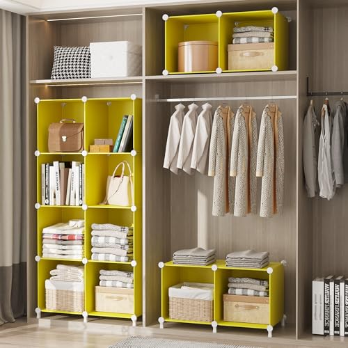 Image of AWTATOS Cube Storage Organizer, 6 Cube Closet Organizers and Storage, DIY Stackable Bookshelf Plastic Clothes Organizer Shelving for Bedroom, Home, Yellow
