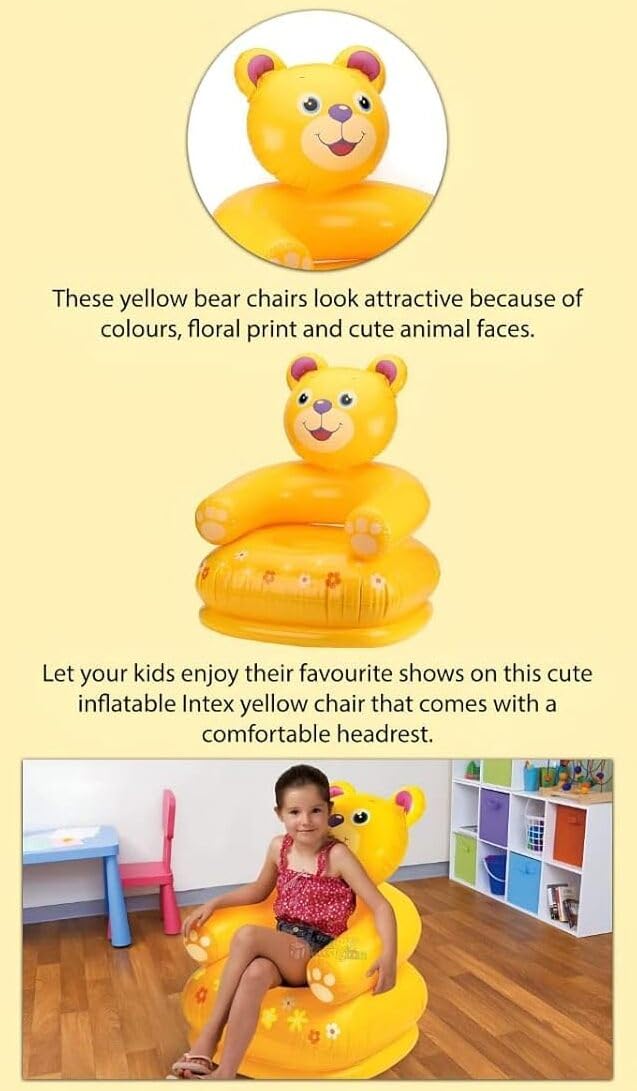 DTR Creation Happy Animal Inflatable Chair for Kids | Portable & Foldable PVC Air Sofa Seat for Toddlers | Cartoon Animal Design Chair for Boys & Girls (Yellow) 3