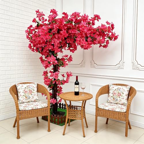 Artificial Bougainvillea Tree 5.9 FT, Fuchsia Flowers Silk Faux Plant No Maintenance for Tall Realistic Fake Flowers with Planter (Red, 78.74inchx63inch/6.56FTx5.24FT)