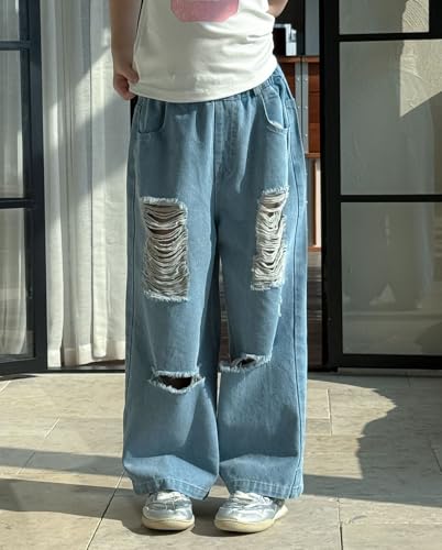 Girls Elastic Waist Ripped Jeans Cute Baggy Hole Jeans Wide Leg Distressed Denim Pants with Pockets2