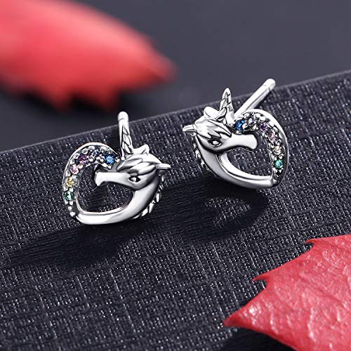 2 Pairs Tiny Stud Earrings For Girls Hypoallergenic S925 Sterling Silver Stud Earrings For Kids Unicorn Love Heart Rainbow Tiny Cz Earrings Set Valentine's Day Jewelry Gifts For Women Friends Sisters #TOP2