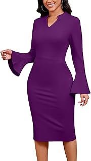 Church Dresses for Women Flare Sleeve V Neck Business Wear to Work Vintage Mid Pencil Formal Dress with Pocket