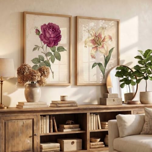 Image of YANVEER Vintage Botanical Wall Art Set of 2 Framed Floral Prints - Rose & Lily Canvas Wall Decor for Living Room, Bedroom, Office, Farmhouse Home Decoration (13X17 inch)