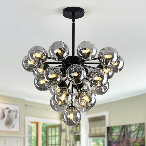 Image of Black Modern Glass Globe Chandelier Mid Century 21-Light Pendant Lights Bubble Sputnik Ceiling Light Fixture for Dining Room Farmhouse Kitchen Living Room Bedroom Office.