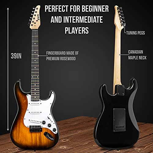 Image of LyxPro Full Size Electric Guitar with 20w Amp, Package Includes All Accessories, Digital Tuner, Strings, Picks, Tremolo Bar, Shoulder Strap, and Case Bag Complete Beginner Starter kit Pack,Sunburst