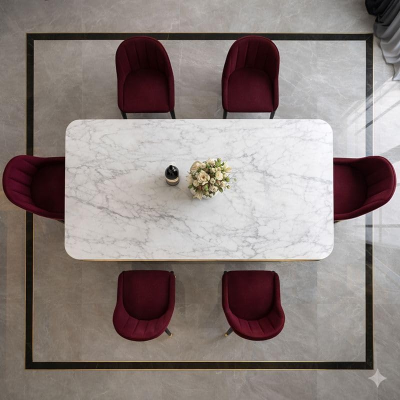 Image of 6-Seater Dining Table with Nano Composite Marble Top and PVC Golden Wooden Base |2yr Warranty - Includes 6 Fabric Upholstered Chairs (Maroon, White Marble Top)