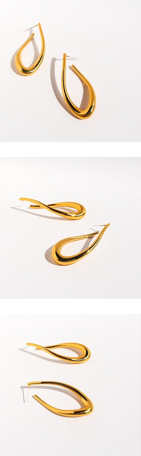 Minimalist Teardrop Twist Hoop Earrings with Velvet Jewelry Box, Gold Plated Brass 925 Silver Needle, Hypoallergenic Large U - Shaped Statement Earrings, 4.5cm Long & 2.1cm Wide, 13.9g Pair - Image 6