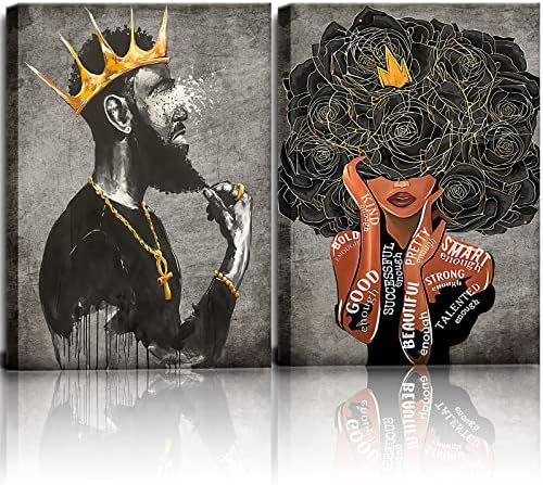 HONEYBABY Framed African American Wall Art Black King and Queen Men Women Girl Canvas Wall Art Painting Picture Artwork Inspirational Afro Poster Wall Art Decor for Living Room Bedroom Office Home