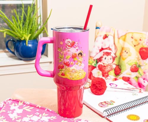 Image of Silver Buffalo Care Bears and Strawberry Shortcake Ombre Double Walled Stainless Steel Tumbler with Handle, Fits in Standard Cup Holder, 40 Ounces