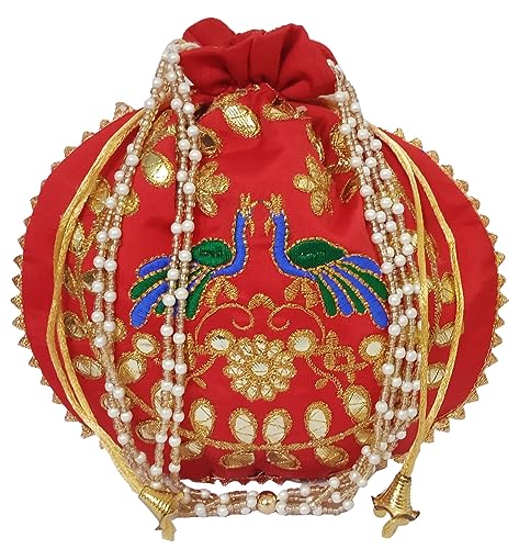 Pochette femme broderie fil doré et sacoche de cérémonie en soie rouge