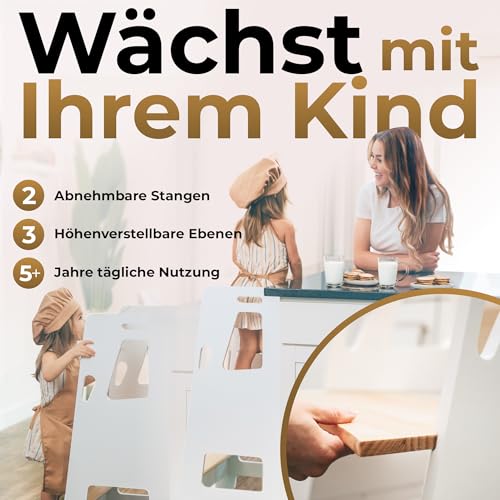 Foto von BEY & CO® Lernturm/Entdeckerturm aus Holz – Küchenhelfer für Kinder – 3-Fach höhenverstellbar, mit Rutschfester Oberfläche und kippsicheren Füßen - Montessori-Methode - Ab 12 Monaten (Weiß)