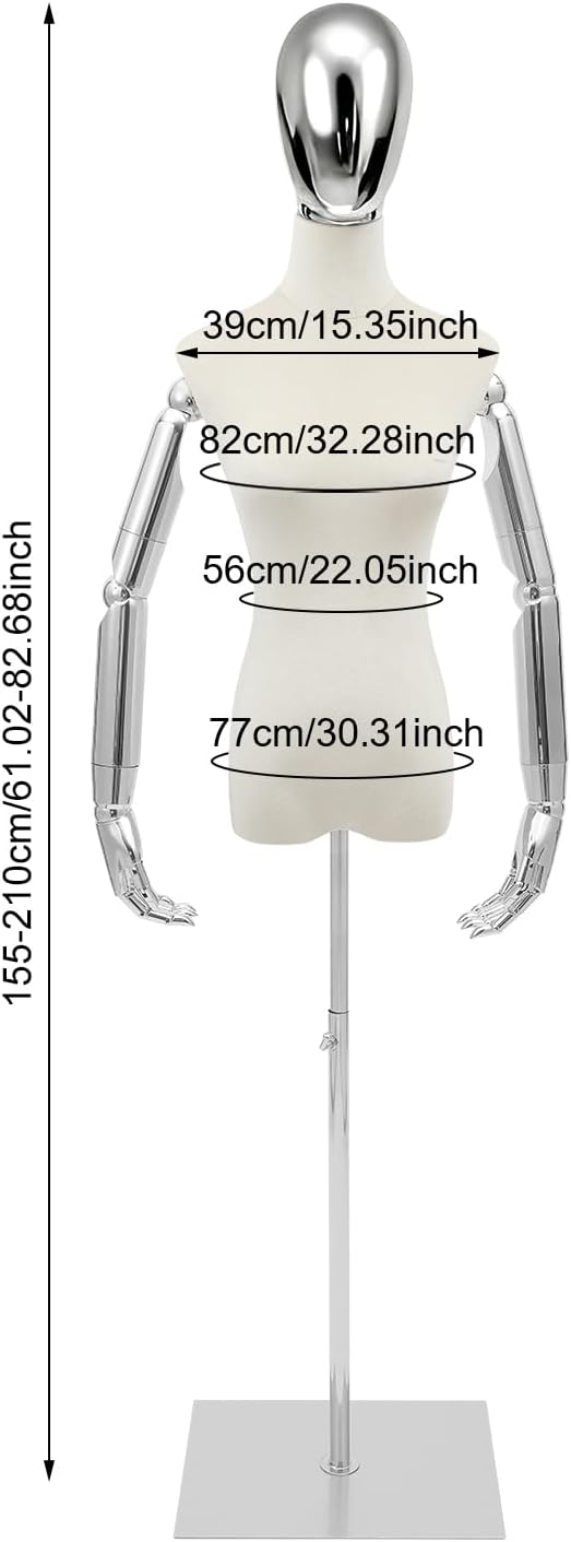 Female Mannequin Torso with Stand, 61"-83" Height Adjustable Half Body Mannequin with Arms, Female Dress Model Display Torso Body, Women Clothing Jewelry Display Manikin for Boutiques (White, Silver)
