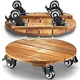 LITADA Acacia Wood Plant Caddy (Set of 2) Plant Dolly Heavy Duty, 12 inches Round Planter Trolley wi