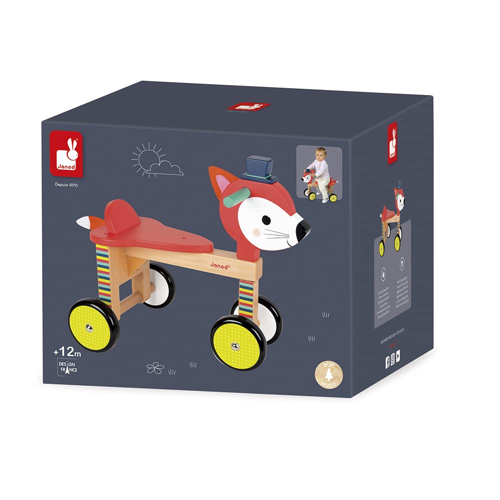 Janod - Baby Forest Cavalcabile Volpe (Legno), Giocattolo per L’Apprendimento Precoce dei Bambini, per Sviluppare L’Equilibrio e la Motricità Fine - da 12 Mesi in su, J08010