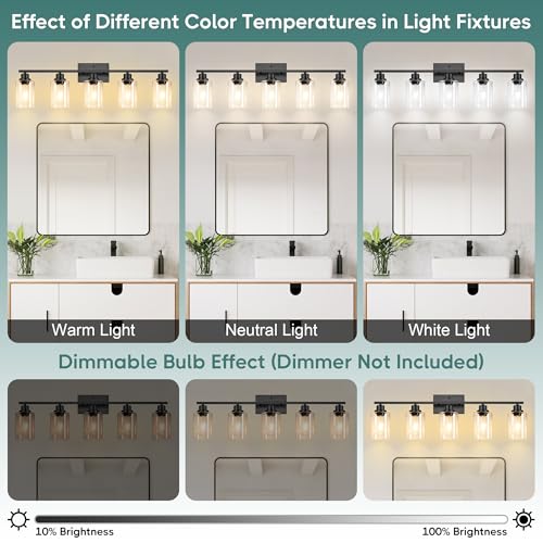 Image of Ascher Bathroom Light Fixtures, 5-Light Vanity Light Over Mirror, Matte Black Wall Sconces with Clear Glass Shades, Wall Lamp for Living Room Bedroom, E26 Base(Bulbs Not Included)