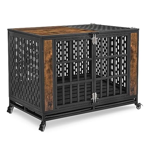 Heodmaem 42 Inch Heavy Duty Dog Crate Furniture, Dog Crates for Large Dogs with Lockable Wheels, Medium Dog Crate Indoor with Removable Tray, Metal Dog Kennel and Dog Cage