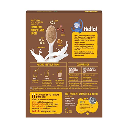 Image of Slurrp Farm No Sugar Chocolate Nutrition Powder Milk Mix, Sweetened with Jaggery Powder, Contains Jowar and Oats, with 10 Essential Nutrients, 250 g (Pack of 2)