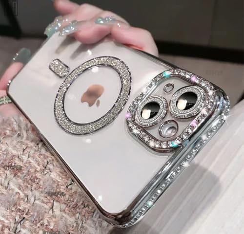 Image of Cute Compatible with iPhone 13 Diamond Glitter Case,Luxury Bling Rhinestone Soft Clear TPU Bumper Case,Compatible with MagSfe and Camera Lens Protection Cover for Women Girls (Silver)