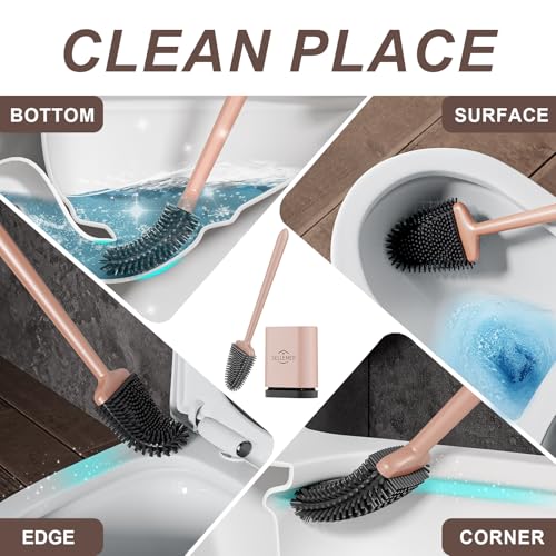 Image of Sellemer Silicone Toilet Brush, Ventilation Slots Holder 1 Pack, Rose Gold | Flexible Bristles Flat Head for Rim, Hair Tangle-Free, Easy to Clean, Compact Design, Rustproof Handle, for Toilet /Sink /Tub