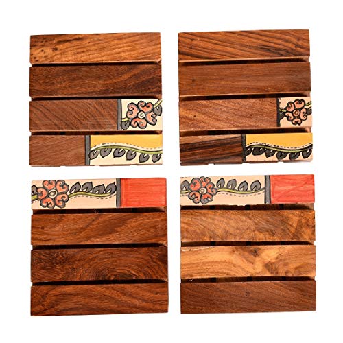 Image of Aakriti Art Creations Hand Painted Brown Wooden Coaster (Set of 4)