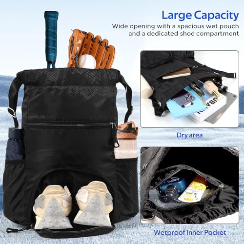 Image of Sports Drawstring Backpack Gym Sack with Shoe Compartment, Durable Oxford Fabric, Wet-Proof Pocket, Water-Resistant Cinch Bag for Men & Women, Foldable & Spacious Athletic Sackpack for Travel Fitness