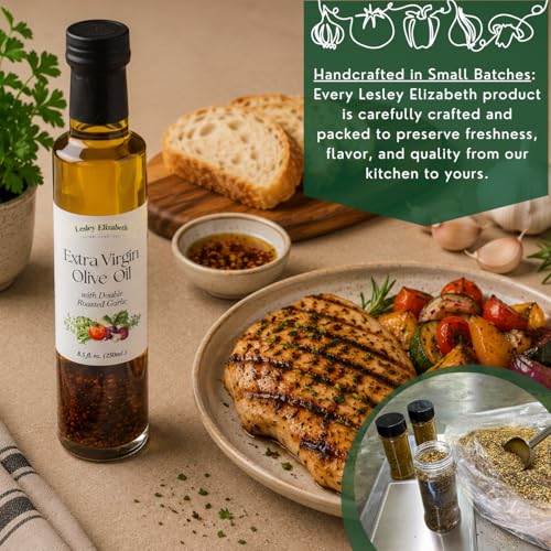 Image of Lesley Elizabeth Extra Virgin Olive Oil with Double Roasted Garlic, 8.5 fl oz - Small-Batch Garlic-Infused EVOO for Dipping, Drizzling, Marinades & Everyday Cooking - All-Natural, Plant-Based Ingredients
