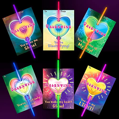 36 Pcs Neon Valentine's Day Cards with Glow Sticks for Kids School Classroom Gift Exchange,Valentine's Gift Cards for Party Favor Supplies,Valentine's gift for kids, Valentine's Class Events and Prize