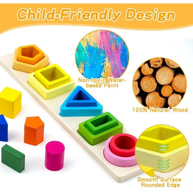 Image of SHINETOY 5-in-1 Shapes Stacker Wooden Building Blocks | Montessori Sorting & Stacking Toy for 1-3 Year Olds | Educational Color & Shape Learning Gift