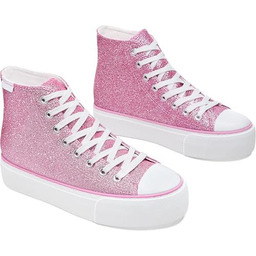 ALTOCIS High Top Glitter Sneakers Mid Top Platform Sparkly Sequin Shoes Women Cute Shiny Fashion Sneakers Bling Platform Walking Shoes(Pink Glitter US8)