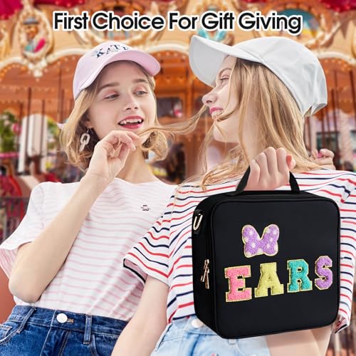 Chenille Letter Bow Mouse Ears Travel Case, Park Ears Headband Holder Hair Accessories Organizer Bag for Girls Women Kids Adults, Large Makeup Bag Snack Bags with Zipper for Travel Picnic - Black - Image 8