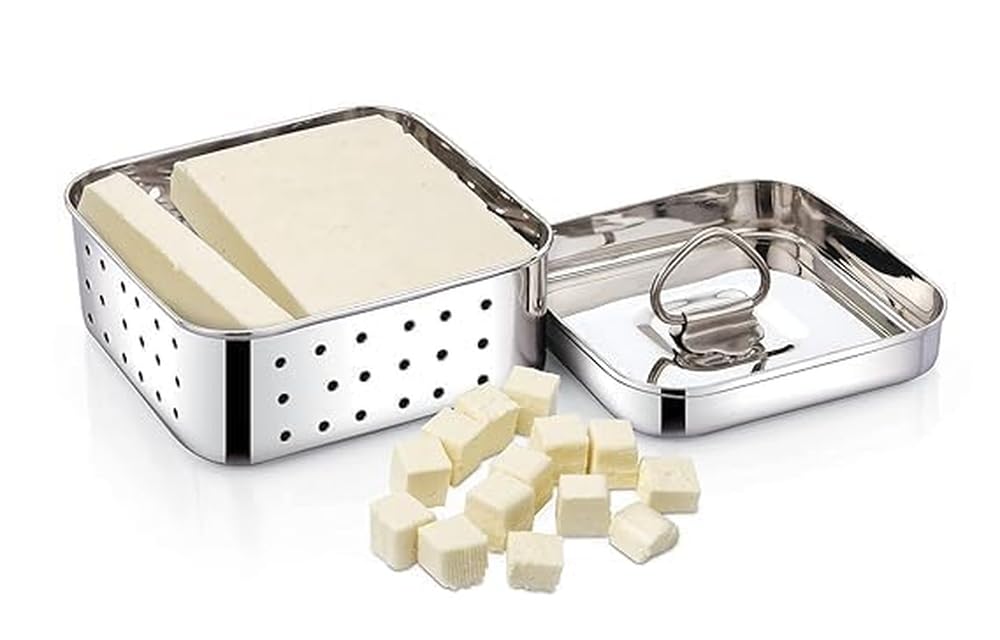 AIRA Stainless Steel Square Paneer/Tofu/Sprout Press Mould Maker Strainer, Dimension: 12.5x12.5x4.2 cm, Silver (450ML)
