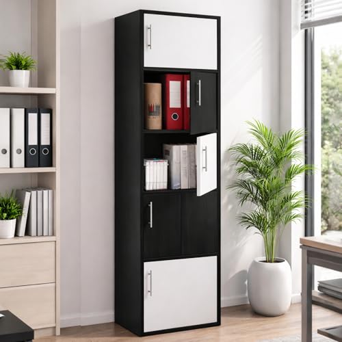 Image of Callas Wooden Book Rack | Multi-Compartment Storage Cabinet | Space-Saving Vertical Bookshelf with Doors | Durable & Sturdy Organizer for Home & Office (Black, 5 Tier)