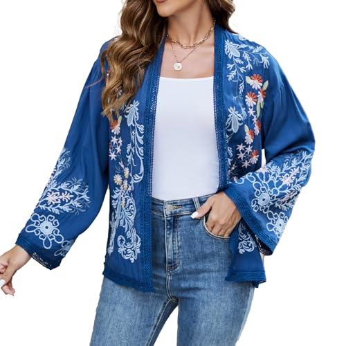 Women's Long Sleeves Floral Embroidered Kimono Cardigan, Blue Open Front Jacket, Bohemian Style - Main Image