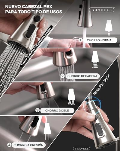 Miniatura 6 de Bravell Grifo Cocina Extraible, Grifo Cocina Fregadero Con 4 Modos Giratorio 360 Torneira Cozinha Monomando, Acero Inoxidable Mate, Latiguillos 3 8, Instalación Fácil Y Completa Acero Mate 304 Inox