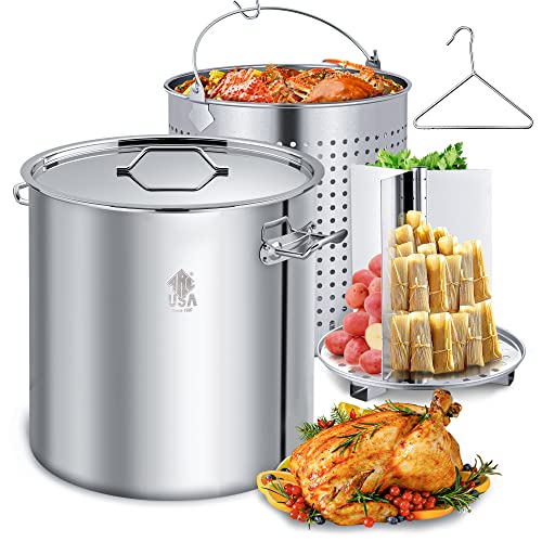 ARC 52QT Stainless Steel Stockpot for Crab Seafood Boiler Crawfish Pot with Basket and Steamer Rack, Outdoor Cooking Pot for Lobster Shrimp Boiling, Turkey Fryer and Tamales Steamer, 13 Gal