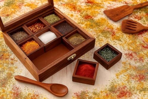 Image of THEHEARTWILL Sheesham Wooden Spice Box with 2 Spoons | Wooden Masala Box for Kitchen with Removable Partitions | Spice Box Wooden Namak Dani | Wood Masala Dabba Dani Container, Brown. (Masala dabba)