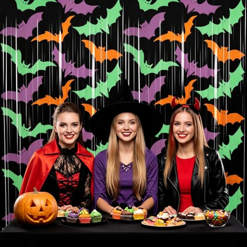 Image of TONIFUL 2Pcs Black Bat Metallic Tinsel Foil Fringe Curtain Door Streamers | 3.3ftx6.6ft Photo Booth Curtain Backdrop with Green Purple Orange Bat Print for Halloween Spooky Birthday Party Decorations